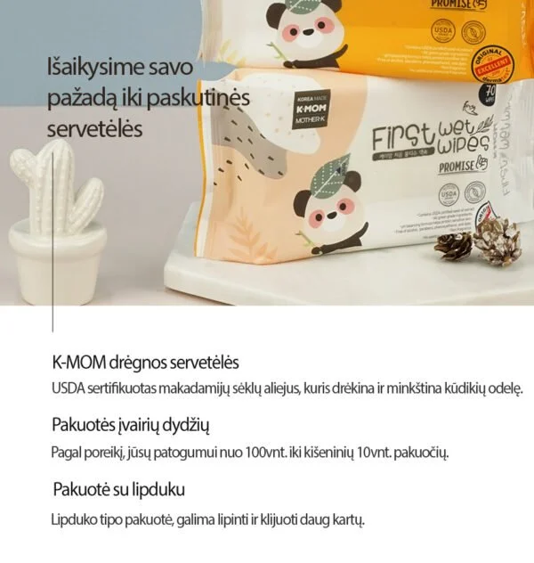 K-MOM organiškos drėgnos servetėlės "Panda" (70 vnt.)