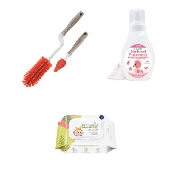 Mother-K silicone bottle cleaning brushes + K-MOM detergent for bottle, fruit and vegetable cleaning (foam consistency) and surface cleaning wipes