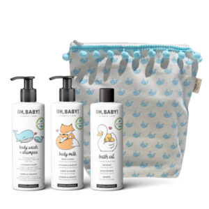 Hipoalerginis prausimosi rinkinys kosmetiniame krepšelyje (Aliejukas voniai, Prausiklis+Šampūnas, Kūno pienelis, po 250 ml)