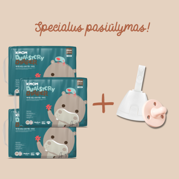 Specialus pasiūlymas! 3 vnt. K-MOM Sauskelnių M dydžio (5-8kg), 60 vnt. + DOVANA Rožinis Mother-K čiulptukas su dėklu