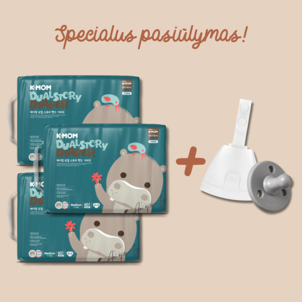 Specialus pasiūlymas! 3 vnt. K-MOM Sauskelnių M dydžio (5-8kg), 60 vnt. + DOVANA Mother-K čiulptukas su dėklu