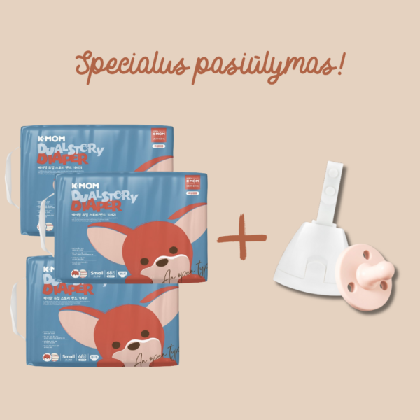 Specialus pasiūlymas! 3 vnt. K-MOM Sauskelnių S dydžio (2-5kg), 68 vnt. + DOVANA Rožinis Mother-K čiulptukas su dėklu