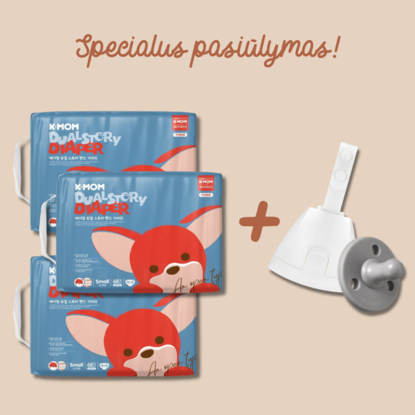 Specialus pasiūlymas! 3 vnt. K-MOM Sauskelnių S dydžio (2-5kg), 68 vnt. + DOVANA Mother-K čiulptukas su dėklu