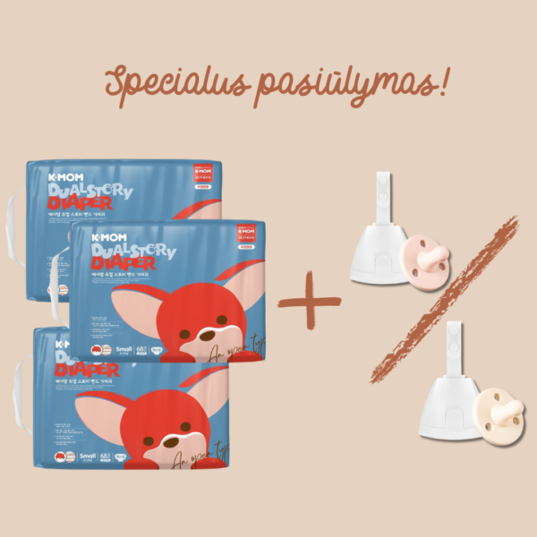 Specialus pasiūlymas! 3 vnt. K-MOM Sauskelnių S dydžio (2-5kg), 68 vnt. + DOVANA Mother-K čiulptukas su dėklu
