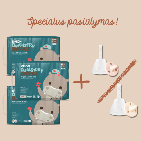 Specialus pasiūlymas! 3 vnt. K-MOM Sauskelnių M dydžio (5-8kg), 60 vnt. + DOVANA Mother-K čiulptukas su dėklu