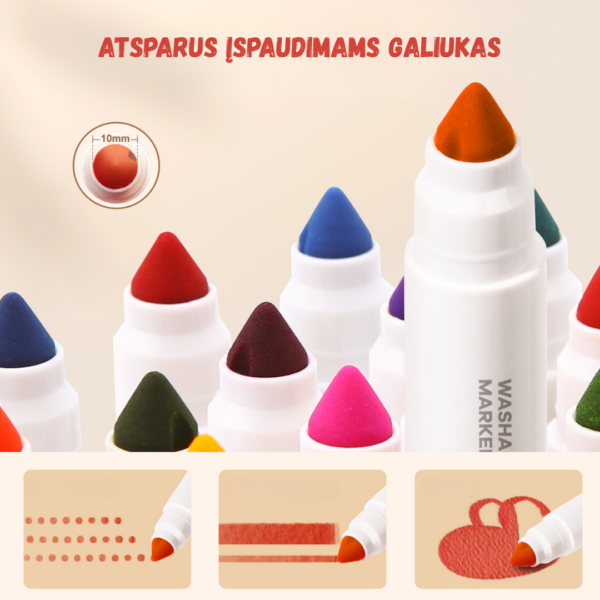 Jarmelo Washable markers with round tip, 12 colours, from 3 years (Kopija)