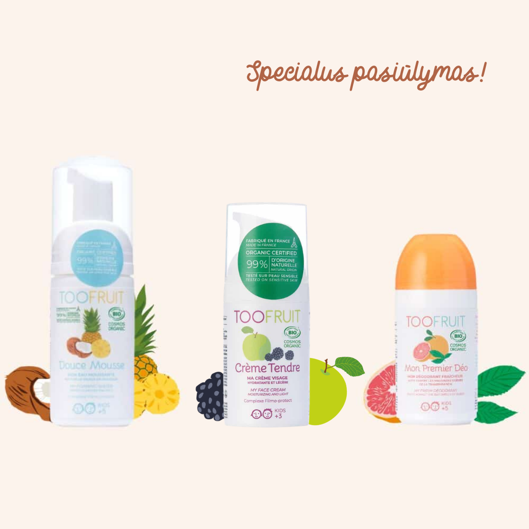 TOOFRUIT rinkinys "Labas, paauglyste!" Pirmoji veido odos priežiūros ir higienos rutina vaikams+ DOVANA 1 TOOFRUIT rinkinys "Labas, paauglyste!" Pirmoji veido odos priežiūros ir higienos rutina vaikams+ DOVANA