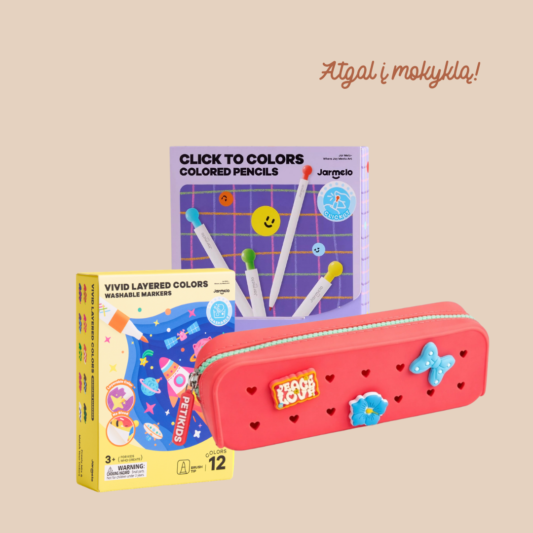 Atgal į mokyklą! PETI KIDS silikoninis penalas + Jarmelo piešimo priemonės 3 penalas